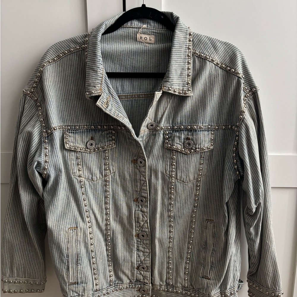 POL Women's Studded Striped Denim Jacket